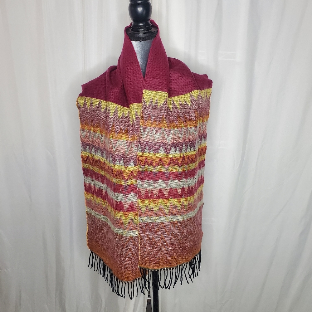 ◇ Softer Than Cashmere Southwestern Fringed Knit Scarf Maroon Yellow and Gray